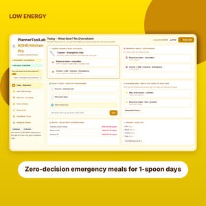 May include: A digital interface titled PlannerToolLab ADHD Kitchen Pro featuring a dashboard for meal planning and pantry tracking. The layout includes sections for emergency meals, daily tasks, and grocery lists on a light yellow background.