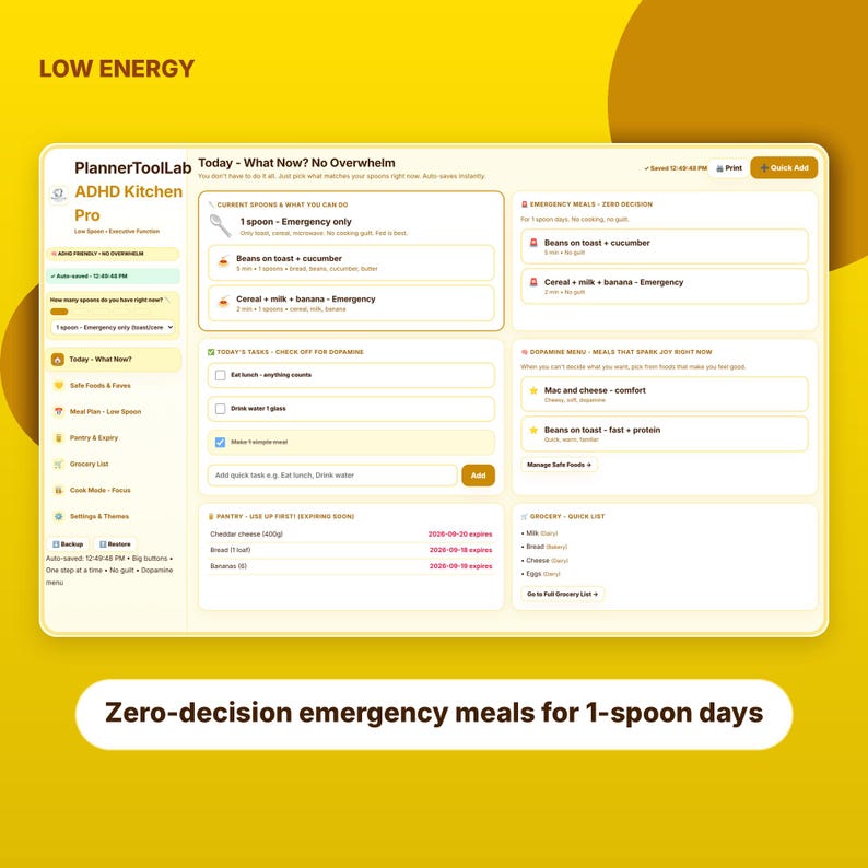 May include: A digital interface titled PlannerToolLab ADHD Kitchen Pro featuring a dashboard for meal planning and pantry tracking. The layout includes sections for emergency meals, daily tasks, and grocery lists on a light yellow background.