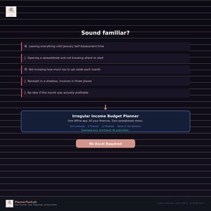 May include: A dark purple digital graphic with white text titled Sound familiar? listing financial pain points. It features an Irregular Income Budget Planner box with 12 modules, 6 themes, and 24 currencies, plus a No Excel Required button at the bottom.