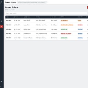 May include: A digital dashboard interface titled Garage Command displaying a table of repair orders. The screen features a dark sidebar navigation menu and a white main content area listing customer names, vehicle models, mechanics, and order statuses.