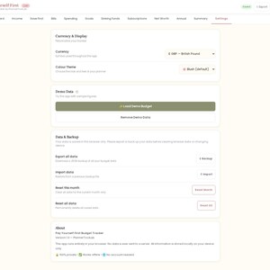 May include: A digital budget tracker interface titled Pay Yourself First, featuring a settings menu with sections for Currency & Display, Demo Data, Data & Backup, and About. The layout includes buttons for loading demo data, exporting, and resetting.