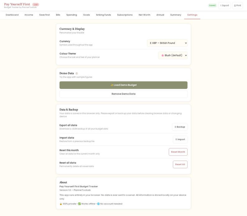 May include: A digital budget tracker interface titled Pay Yourself First, featuring a settings menu with sections for Currency & Display, Demo Data, Data & Backup, and About. The layout includes buttons for loading demo data, exporting, and resetting.