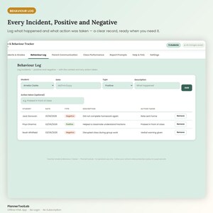 May include: A digital behavior log interface for teachers featuring a table to record student incidents, dates, types, descriptions, and actions taken. The dashboard includes input fields for student names, dates, and notes, with a list of entries.