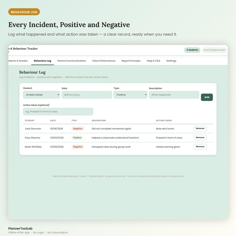 May include: A digital behavior log interface for teachers featuring a table to record student incidents, dates, types, descriptions, and actions taken. The dashboard includes input fields for student names, dates, and notes, with a list of entries.