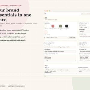May include: A digital social media planner interface displayed on a screen, featuring sections for brand colors, fonts, voice, audience, keywords, links, and bios. The layout includes text fields and color swatches with a grid background and text.