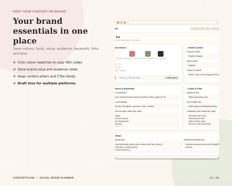 May include: A digital social media planner interface displayed on a screen, featuring sections for brand colors, fonts, voice, audience, keywords, links, and bios. The layout includes text fields and color swatches with a grid background and text.