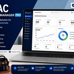 May include: A laptop and smartphone displaying the HVAC Business Manager Pro dashboard, featuring data charts, customer lists, and job tracking. The software interface includes sections for invoices, estimates, and inventory. A tool bag sits nearby.