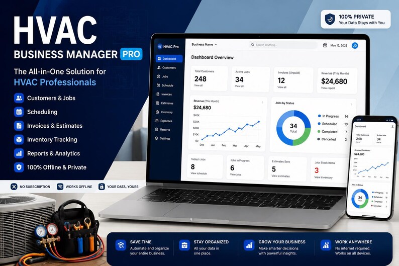 May include: A laptop and smartphone displaying the HVAC Business Manager Pro dashboard, featuring data charts, customer lists, and job tracking. The software interface includes sections for invoices, estimates, and inventory. A tool bag sits nearby.
