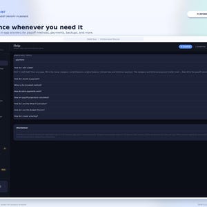 May include: A digital interface for the DebtClear Professional Debt Payoff Planner showing a Help Center screen. The dark-themed dashboard features a sidebar with navigation links, a search bar for help topics, and a disclaimer box at the bottom.