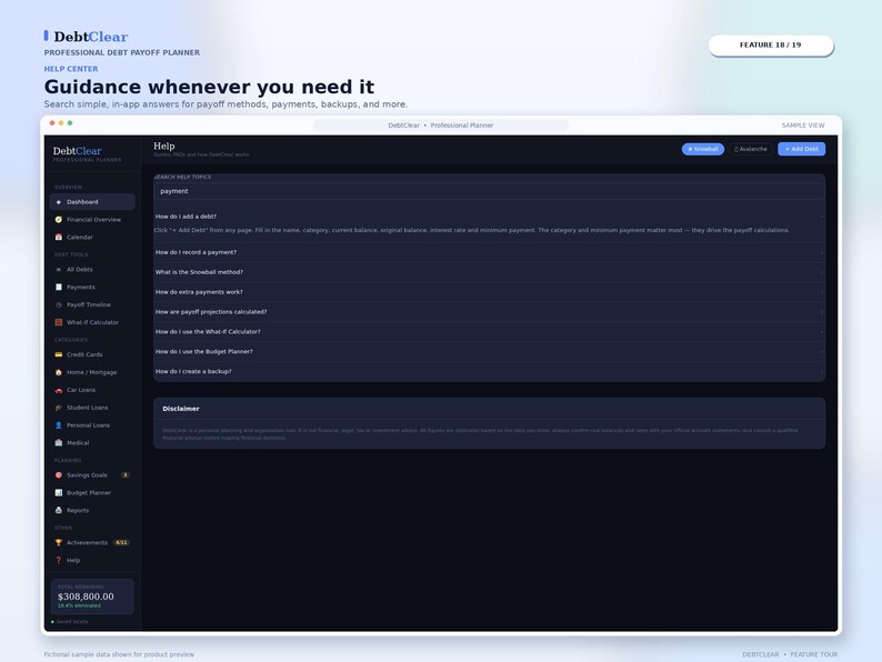May include: A digital interface for the DebtClear Professional Debt Payoff Planner showing a Help Center screen. The dark-themed dashboard features a sidebar with navigation links, a search bar for help topics, and a disclaimer box at the bottom.