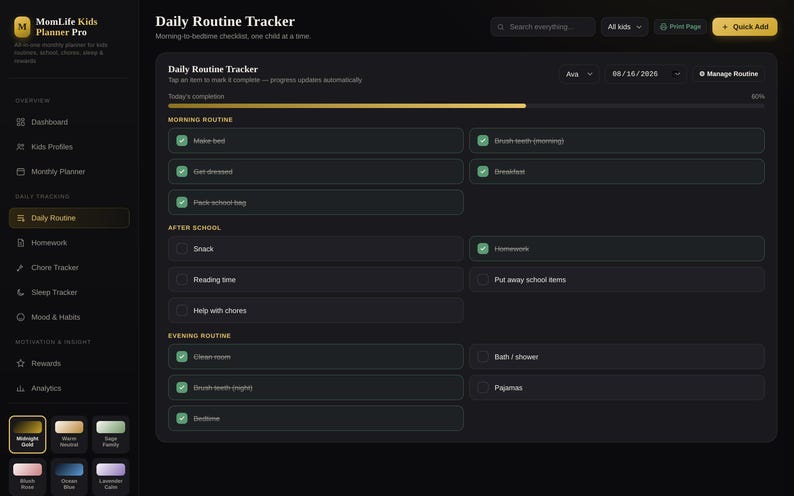May include: A digital Daily Routine Tracker interface with a dark theme, featuring sections for morning, after school, and evening tasks. The layout includes checkboxes for tracking completion, a progress bar, and a sidebar with navigation options.