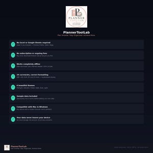 May include: A dark-themed informational graphic for PlannerToolLab featuring a logo and a list of eight features including no Excel requirement, no subscription fees, offline functionality, 24 currencies, 6 themes, sample data, and device compatibility.