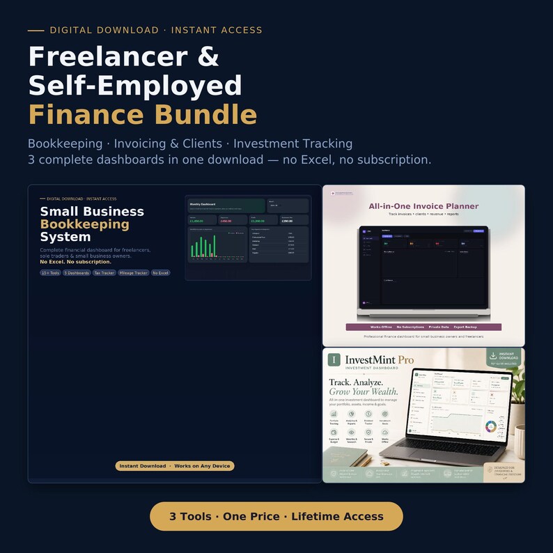 May include: A digital Freelancer & Self-Employed Finance Bundle featuring three dashboards for bookkeeping, invoicing, and investment tracking. The display shows a Small Business Bookkeeping System, an All-in-One Invoice Planner, and InvestMint Pro.