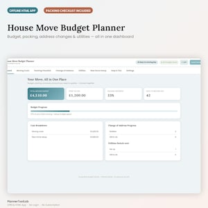 May include: A digital House Move Budget Planner dashboard featuring tabs for moving costs, packing checklists, and address changes. The interface displays a total moving budget of &pound;4,510.00, spent amount of &pound;1,200.00, 33% packing progress, and 42 days to moving day.