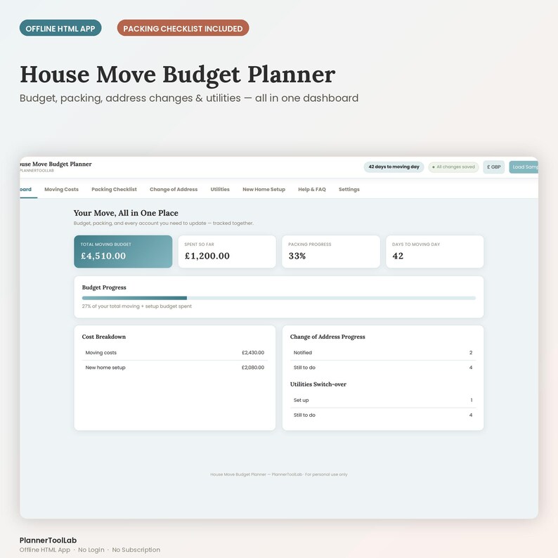 May include: A digital House Move Budget Planner dashboard featuring tabs for moving costs, packing checklists, and address changes. The interface displays a total moving budget of &pound;4,510.00, spent amount of &pound;1,200.00, 33% packing progress, and 42 days to moving day.