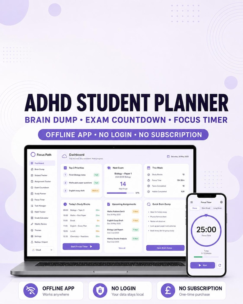 May include: An ADHD student planner digital interface displayed on a laptop and smartphone. The screen shows a dashboard with a focus timer, exam countdown, and brain dump features. Text includes ADHD STUDENT PLANNER, BRAIN DUMP, EXAM COUNTDOWN, FOCUS TIMER, OFFLINE APP, NO LOGIN, NO SUBSCRIPTION.