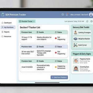 May include: A tablet screen displaying the SEN Provision Tracker interface. The dashboard features a Section F Tracker List with columns for Provision Item, Details, and Status. Side panels show a Sensory Diet Toolkit and Triggers & Early Signs.
