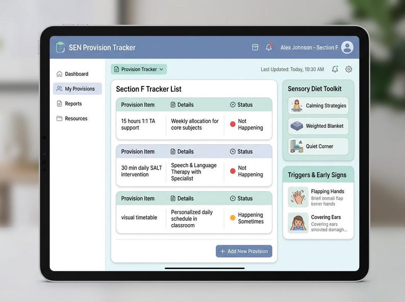 May include: A tablet screen displaying the SEN Provision Tracker interface. The dashboard features a Section F Tracker List with columns for Provision Item, Details, and Status. Side panels show a Sensory Diet Toolkit and Triggers & Early Signs.