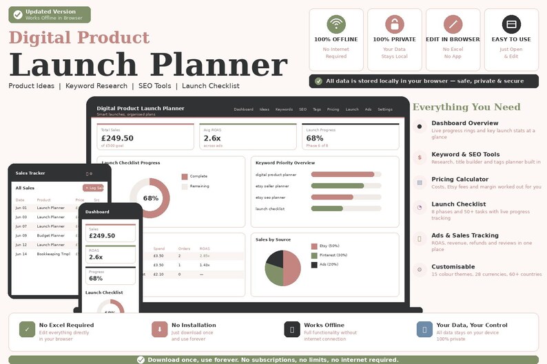 Digital Product Launch Planner App | Etsy SEO Keyword Research, Title Builder (HTML Download) image 3