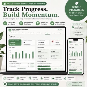May include: A laptop and smartphone displaying the Focus Session Companion app interface with green and white color schemes. The screen shows progress tracking, focus insights, session logs, and reward jar data with text including Track Progress, Build Momentum, and Gentle Progress.