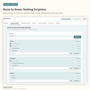 May include: A digital packing checklist interface titled Room by Room, Nothing Forgotten. The screen displays a room-by-room organization system with input fields for adding rooms and items, featuring checkboxes to track packing progress for kitchen, living room, and bedroom areas.