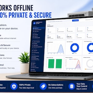 May include: A laptop and smartphone displaying the HVAC Business Manager software dashboard with blue and white charts. Text on screen reads: Works Offline, 100% Private & Secure, No Subscriptions, and You're in Control. A small green plant sits nearby.