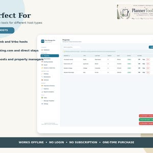 May include: A digital dashboard interface titled Host Manager Pro displaying a property management table with columns for property, type, location, guests, and rates. The screen includes a sidebar menu, a top logo for PlannerToolLab, and text listing features for hosts.