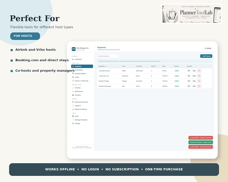 May include: A digital dashboard interface titled Host Manager Pro displaying a property management table with columns for property, type, location, guests, and rates. The screen includes a sidebar menu, a top logo for PlannerToolLab, and text listing features for hosts.