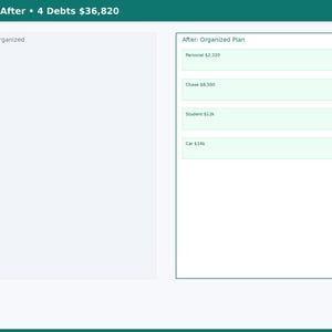May include: A digital chart titled Before / After &bull; 4 Debts $36,820. The left side is labeled Before: Unorganized with a blank space. The right side is labeled After: Organized Plan with four light green boxes listing Personal $2,320, Chase $8,500, Student $12k, and Car $14k.