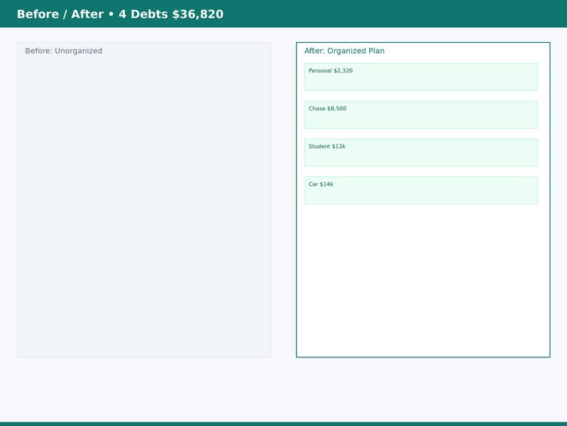May include: A digital chart titled Before / After &bull; 4 Debts $36,820. The left side is labeled Before: Unorganized with a blank space. The right side is labeled After: Organized Plan with four light green boxes listing Personal $2,320, Chase $8,500, Student $12k, and Car $14k.