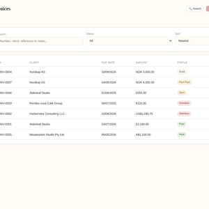 May include: A digital interface for Ledger Pro displaying an Invoices dashboard. The screen features a sidebar navigation menu and a main table listing invoice numbers, client names, due dates, amounts, and statuses with view and delete buttons.