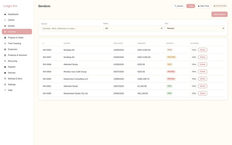 May include: A digital interface for Ledger Pro displaying an Invoices dashboard. The screen features a sidebar navigation menu and a main table listing invoice numbers, client names, due dates, amounts, and statuses with view and delete buttons.