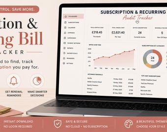 Subscription Tracker Dashboard | Find & Cancel Wasted Subscriptions | Offline Budget App | No Excel No Login