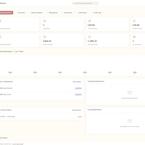 May include: A digital dashboard interface for Bloom Beauty Studio displaying business metrics, including today's appointments, revenue, expenses, and net profit. The layout features a sidebar navigation menu, a bar chart for performance, and lists for upcoming appointments and low stock products.