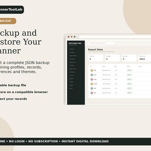 May include: A digital interface for Petcare Pro showing an Export Data screen with a dark sidebar and light background. Text includes PlannerToolLab, Data Backup, Backup and Restore Your Planner, and Offline, No Login, No Subscription, Instant Digital Download.
