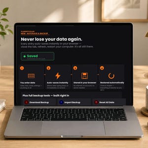 May include: A laptop screen displaying a dark-themed interface for PlannerToolLab with the headline Never lose your data again. The screen shows a four-step process for auto-saving and backing up data, including icons for data entry, saving, storage, and restoration.