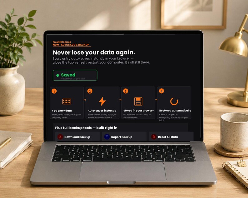 May include: A laptop screen displaying a dark-themed interface for PlannerToolLab with the headline Never lose your data again. The screen shows a four-step process for auto-saving and backing up data, including icons for data entry, saving, storage, and restoration.