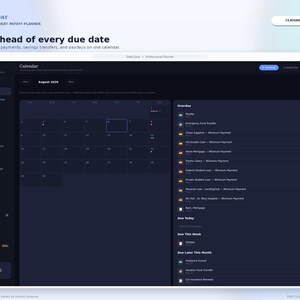 May include: A digital debt payoff planner interface titled DebtClear, featuring a dark-themed calendar view for August 2026. The dashboard displays a sidebar with navigation menus, a central calendar grid with scheduled events, and a right-hand panel listing overdue payments, due dates for the current week, and upcoming monthly financial obligations.