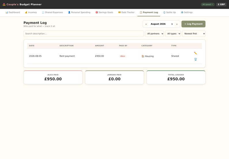 May include: A digital Couple's Budget Planner interface displaying a Payment Log for August 2026. The screen features a table with columns for date, description, amount, paid by, category, and type, showing a rent payment of &pound;950.00 by Alex.