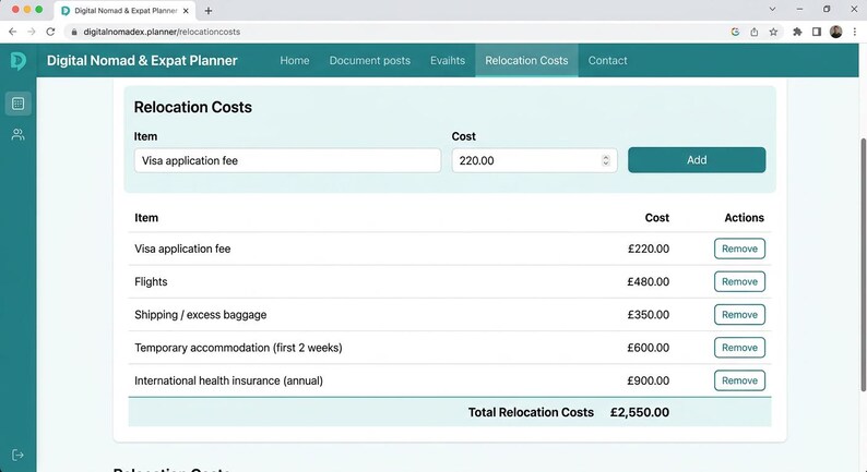 May include: A digital interface titled Digital Nomad & Expat Planner showing a Relocation Costs table. The table lists items like Visa application fee, Flights, Shipping, Temporary accommodation, and International health insurance with costs in pounds.