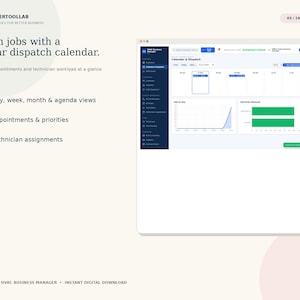 May include: A digital interface for HVAC business management software featuring a dispatch calendar, appointment scheduling, and technician workload tracking. The screen displays a dark blue sidebar, a white main dashboard, and text: Plan jobs with a clear dispatch calendar.