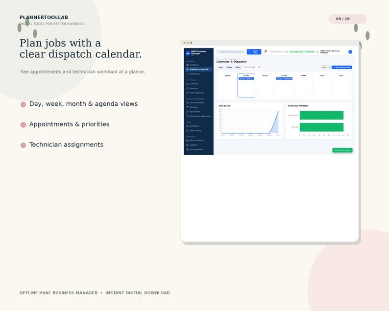 May include: A digital interface for HVAC business management software featuring a dispatch calendar, appointment scheduling, and technician workload tracking. The screen displays a dark blue sidebar, a white main dashboard, and text: Plan jobs with a clear dispatch calendar.