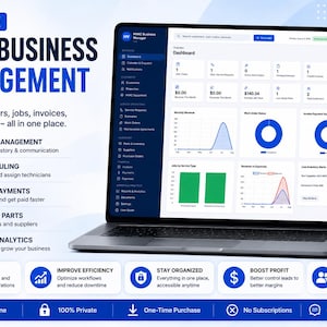 May include: A laptop and smartphone displaying an HVAC business management software dashboard with charts, graphs, and navigation menus. The text reads All-In-One HVAC Business Management, Built for HVAC Pros, and lists features like scheduling.
