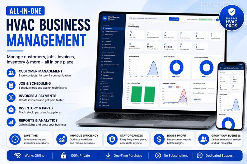 May include: A laptop and smartphone displaying an HVAC business management software dashboard with charts, graphs, and navigation menus. The text reads All-In-One HVAC Business Management, Built for HVAC Pros, and lists features like scheduling.