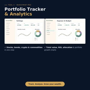 May include: A digital interface titled InvestMint Pro Portfolio Tracker & Analytics displaying two dashboard views with metrics for portfolio growth, asset allocation, and budget. The screen includes text labels for stocks, bonds, crypto, and commodities.
