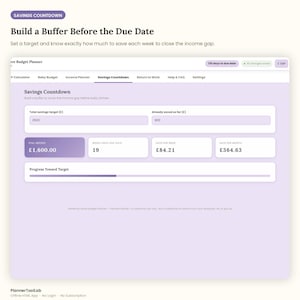 May include: A digital savings countdown budget planner interface featuring a light purple background. The screen displays input fields for a total savings target of 2500 and 900 already saved, with a calculated remaining balance of 1,600.00 GBP.
