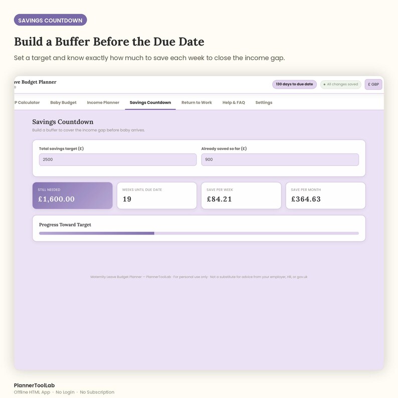 May include: A digital savings countdown budget planner interface featuring a light purple background. The screen displays input fields for a total savings target of 2500 and 900 already saved, with a calculated remaining balance of 1,600.00 GBP.