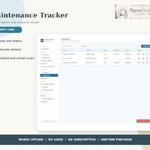 May include: A digital maintenance tracker interface displayed on a screen, featuring columns for property, priority, schedule, status, and actions. The layout includes text labels for property care, contractor details, and costs, with a PlannerToolLab logo.