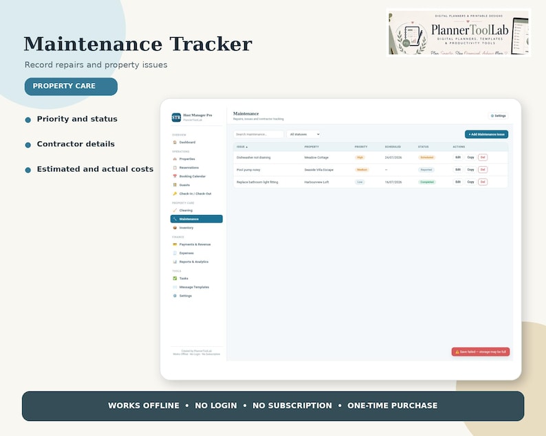 May include: A digital maintenance tracker interface displayed on a screen, featuring columns for property, priority, schedule, status, and actions. The layout includes text labels for property care, contractor details, and costs, with a PlannerToolLab logo.