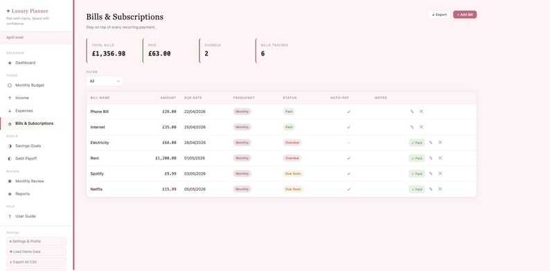 May include: A digital interface for a "Luxury Planner" application, displaying a "Bills & Subscriptions" section. The interface shows total bills, due bills, and the number of bills tracked. A table lists bill names, amounts, due dates, and statuses.